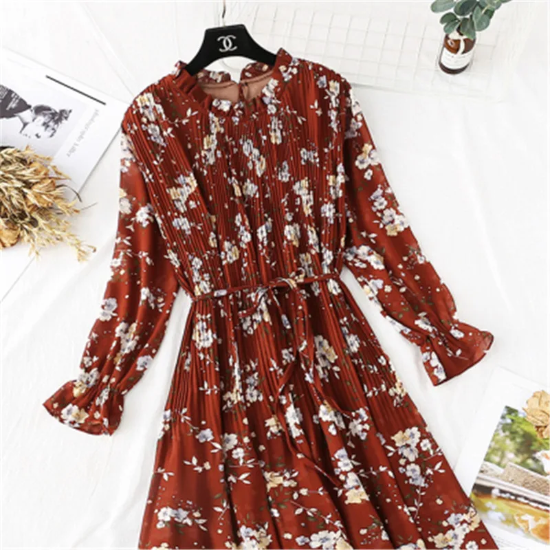 Женское платье 2020 весна осень зима Цветочное женское свободное Плиссированное