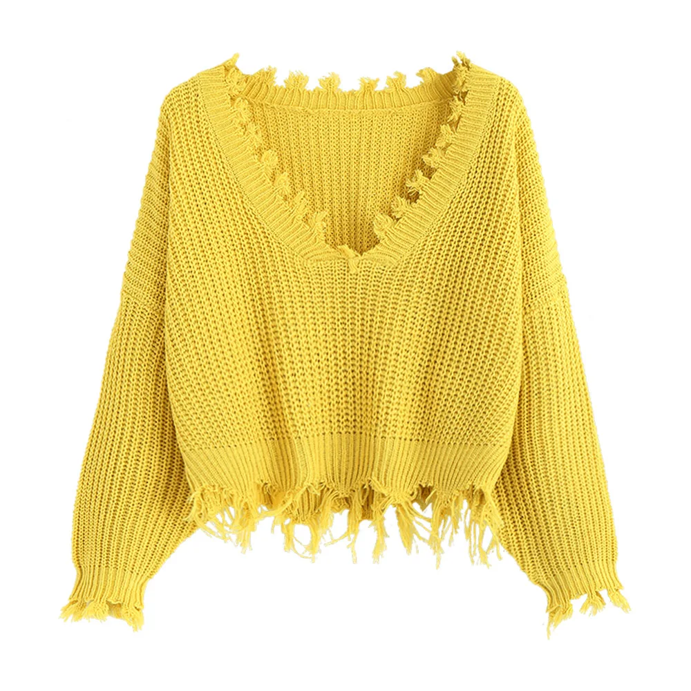 ZAFUL вязаный пуловер с глубоким v-образным вырезом и кисточками женский