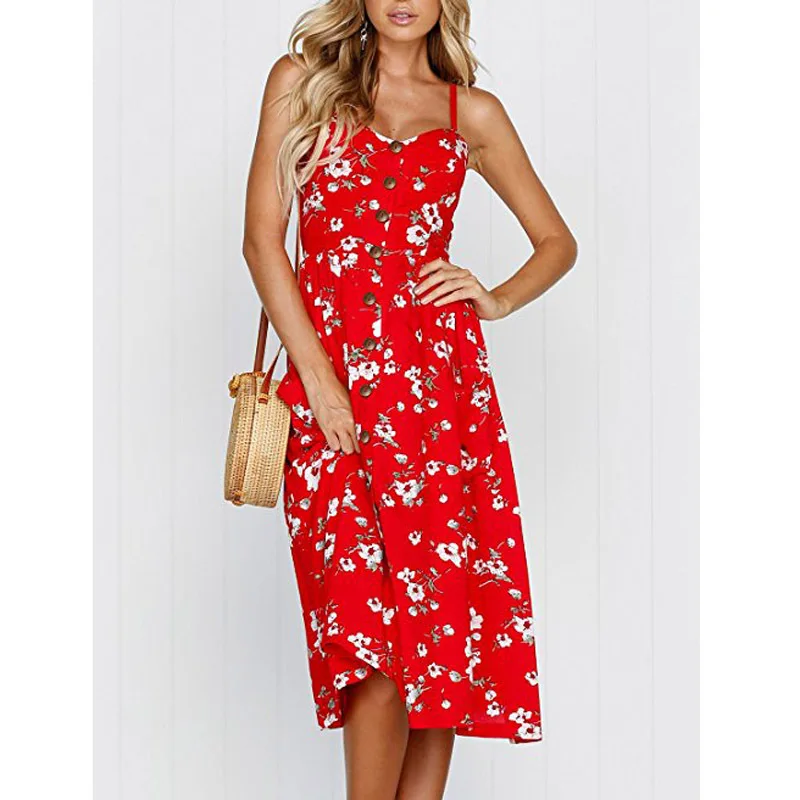 

2021 New Women's Printed Floral Solid Color Long Skirt Sexy Suspender Buttons Beach Casual Bohemian Mid-length Dress Xl S-3XL