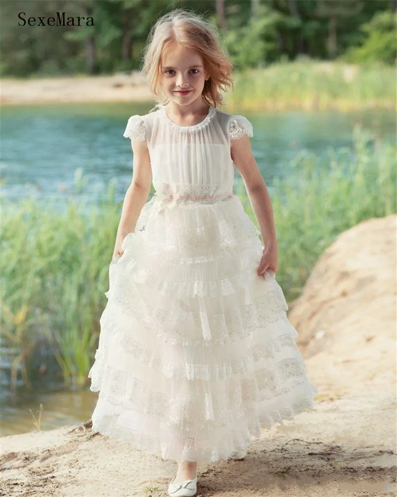 Белые богемные платья с цветочным узором для девочек цвета слоновой кости