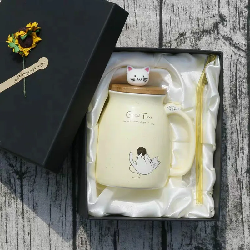 450 мл мультяшная керамическая кружка с котом крышкой и ложкой кофейные кружки для