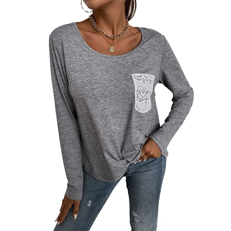 

2021 Autumn and Winter European and American Clothes New Round Neck Lace Pocket Casual Loose Long-sleeved T-shirt Women