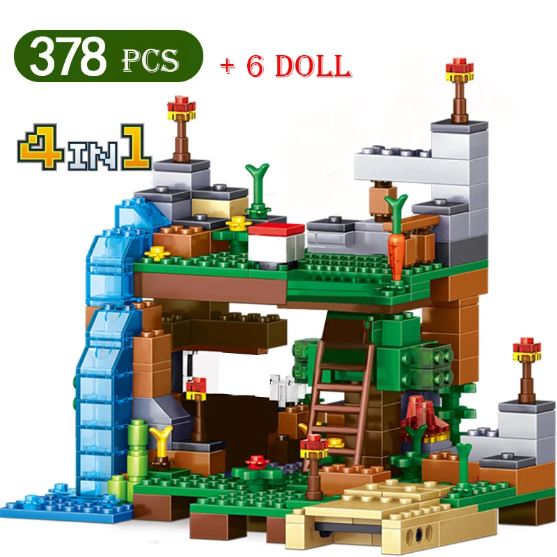 

1208PCS My Worlds Building Blocks The Mountain Cave Village Warhorse Tree House Elevator with Figures Bricks Toys Children Gift