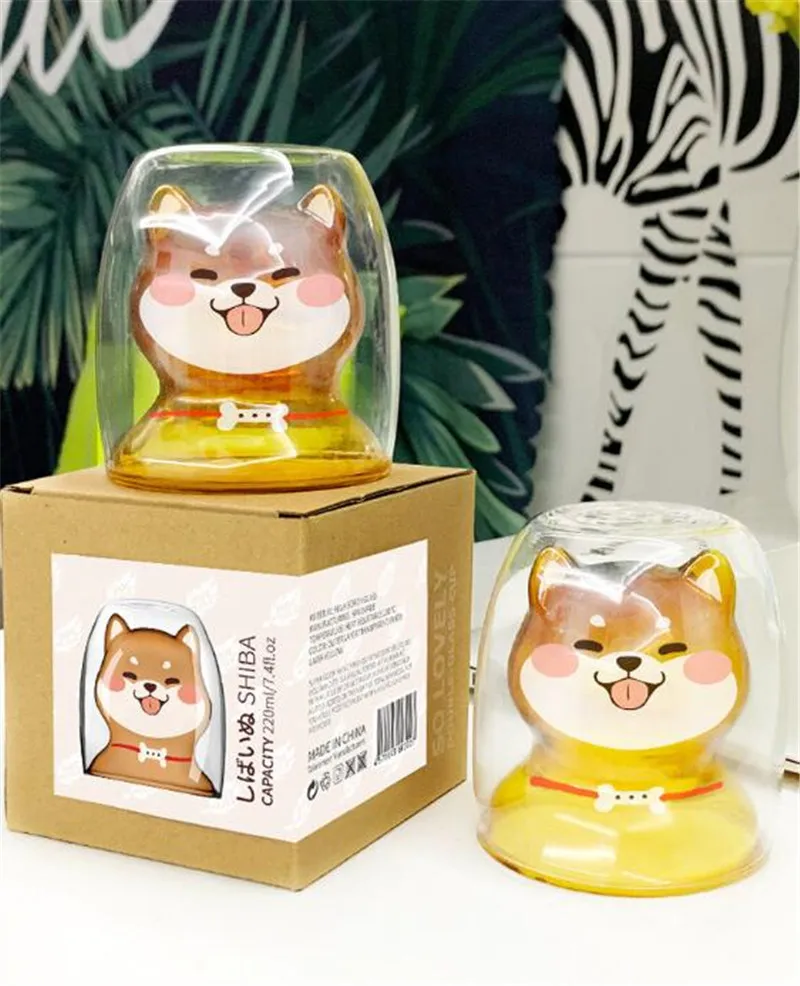 Милые Косплей Shiba «Лисья Секретная служба»(Inu чашки Стекло двойной-Слои термостойкого Кофе Чай сок LuckyCup тапочки с изображением милой собаки прозрачный Цветной детский молочный напитки