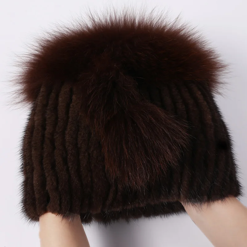 Зимние настоящие норковые меховые шапки для женщин вязаные меха лисы помпон ухо