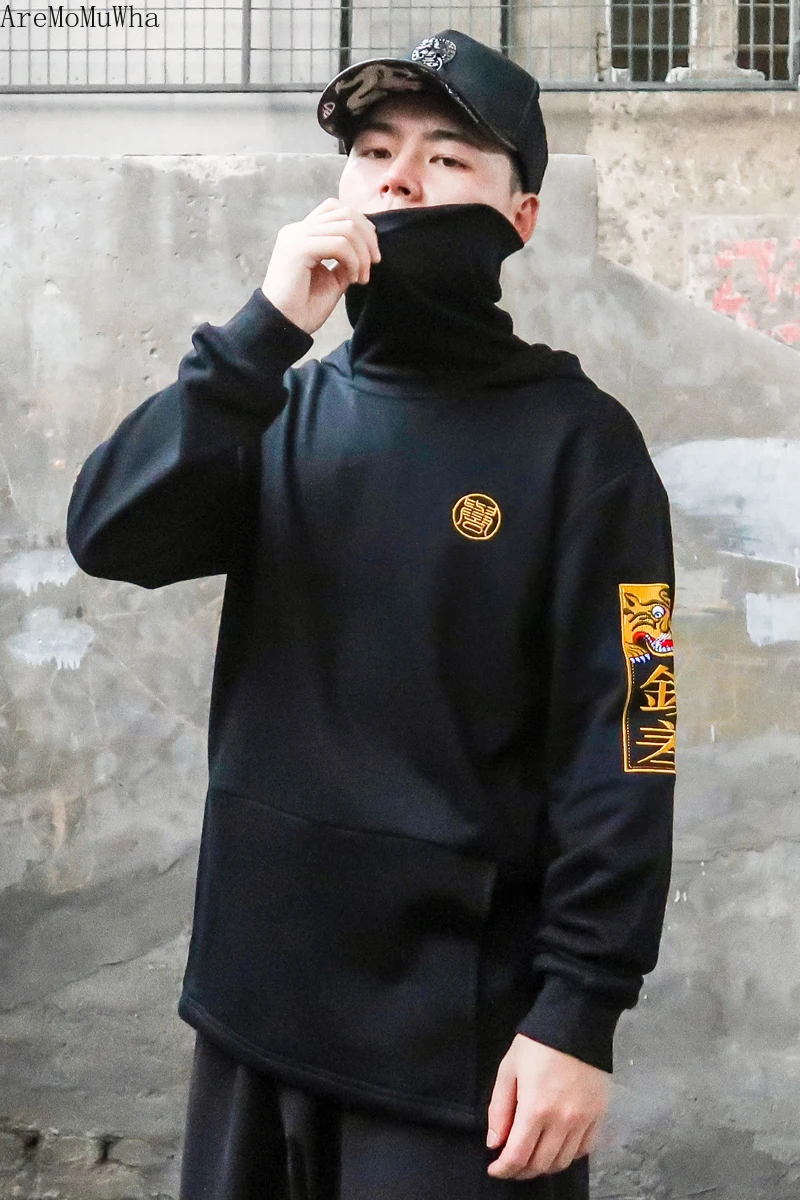 

AreMoMuWha 2019 New Autumn Embroidery Hoodies Men's Hooded National Tide Loose Hip Hop High Collar Hoodies Female Tide QX1312