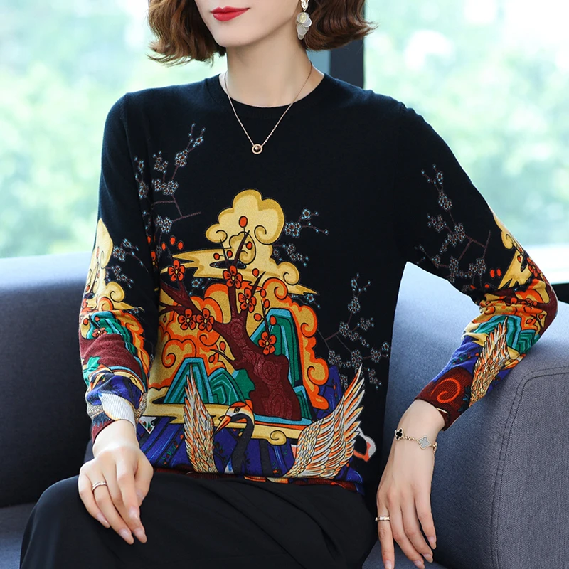 Свитер с принтом женские пуловеры на осень и весну вязаный свитер топ в китайском