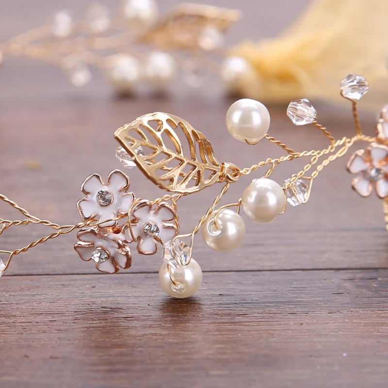Trendy Gold Flower Pearl Hair Vine Bridal Headband Wedding Jewelry Headpiece Accessories Handmade | Украшения и аксессуары