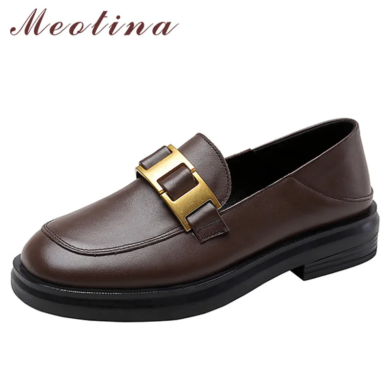 

Meotina Natural Genuine Leather Loafers Shoes Women Flat Platform Shoes Metal Decoration Round Toe Flats Fashion Ladies Footwear