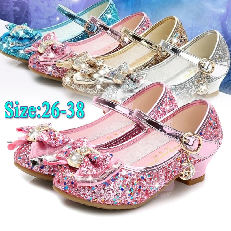 aliexpress.com - Princess Kids Leather Shoes for Girls Flower Casual Glitter Children High Heel 2020 Girls Shoes Butterfly Knot Blue Pink Silver