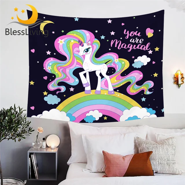 BlessLiving Magical Unicorn Tapestry Rainbow Hair Wall Carpet Colorful Cartoon for Kids Moon Star tapiz Wall Hanging Drop Ship 1