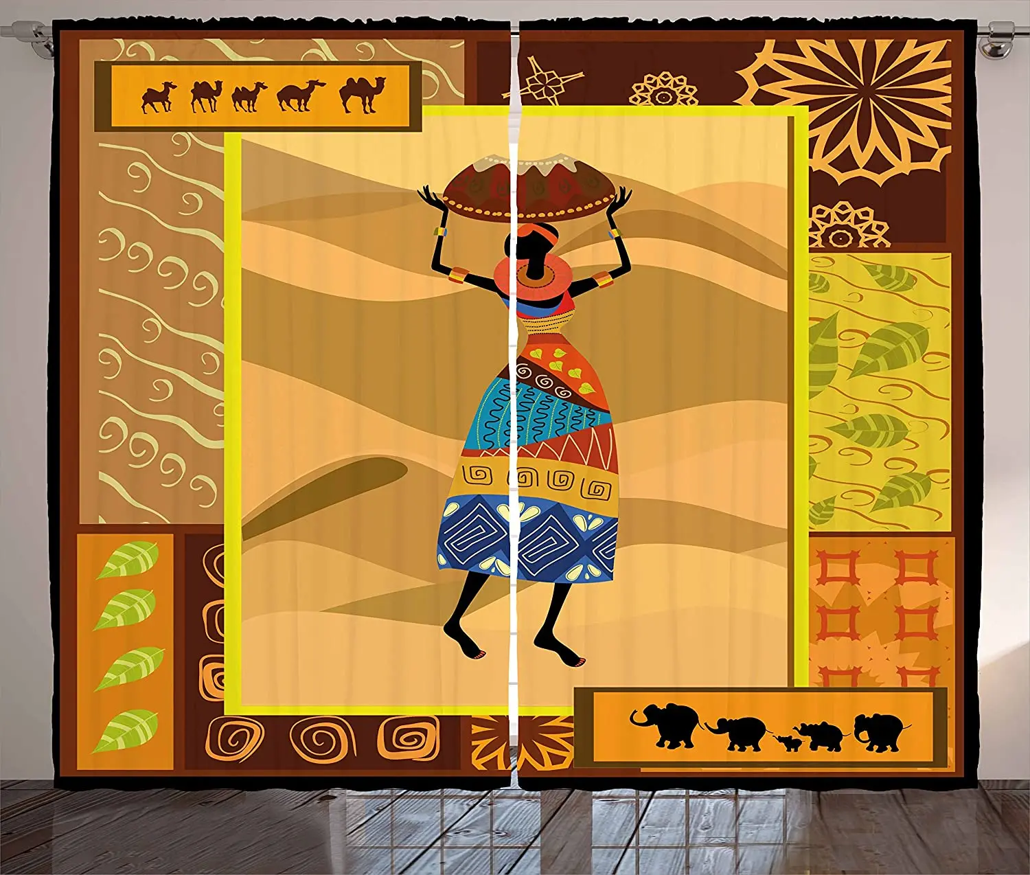 

African Woman Blackout Curtains Ornate Nature Inspired Motifs Swirls Camels Elephant Stylish Lady with Jug Window Curtain