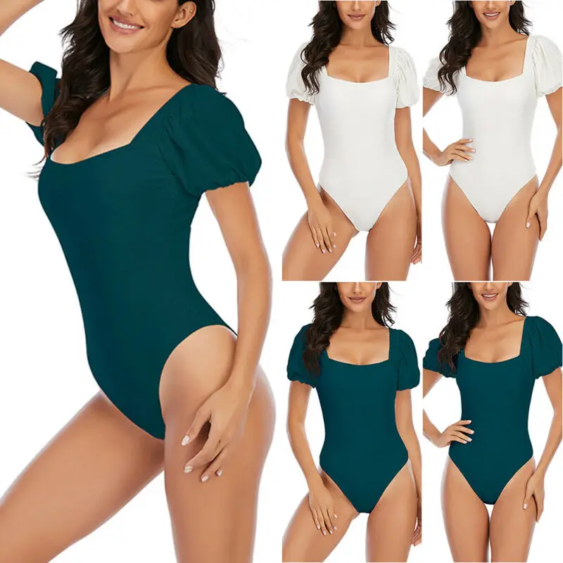 

Womens Ladies Sexy Solid Short Puff Sleeve Backless One Piece Swimsuit Swimwear