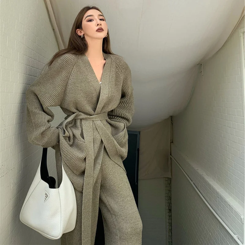 

French Lazy Knit Sweater Cardigan Jacket High Waist Straight Wide Leg Trousers New Autumn Women Temperament Chic Jumpers Green