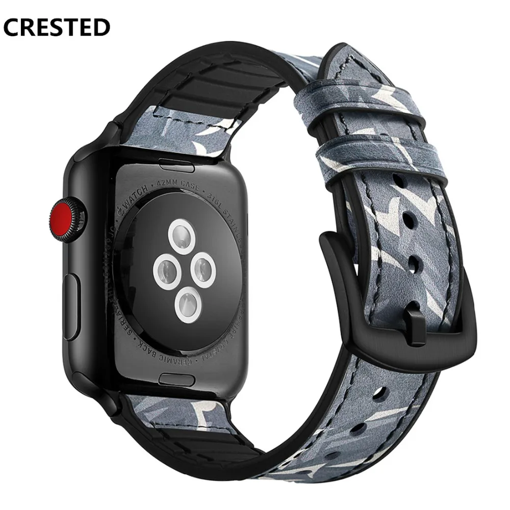 Ремешок из силикона и кожи для Apple watch band 44 мм 40 камуфляжный браслет iWatch 38 42 apple series 3