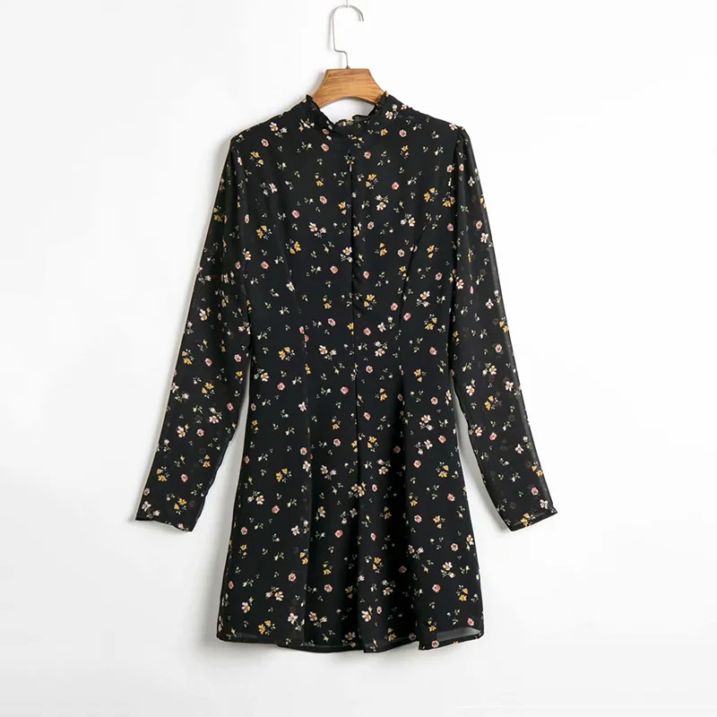 

Black Floral Hollow Out Dress Women Chiffon Sexy Dress Long Sleeve Mini Dress Club Night Bangdage Elegent Dress