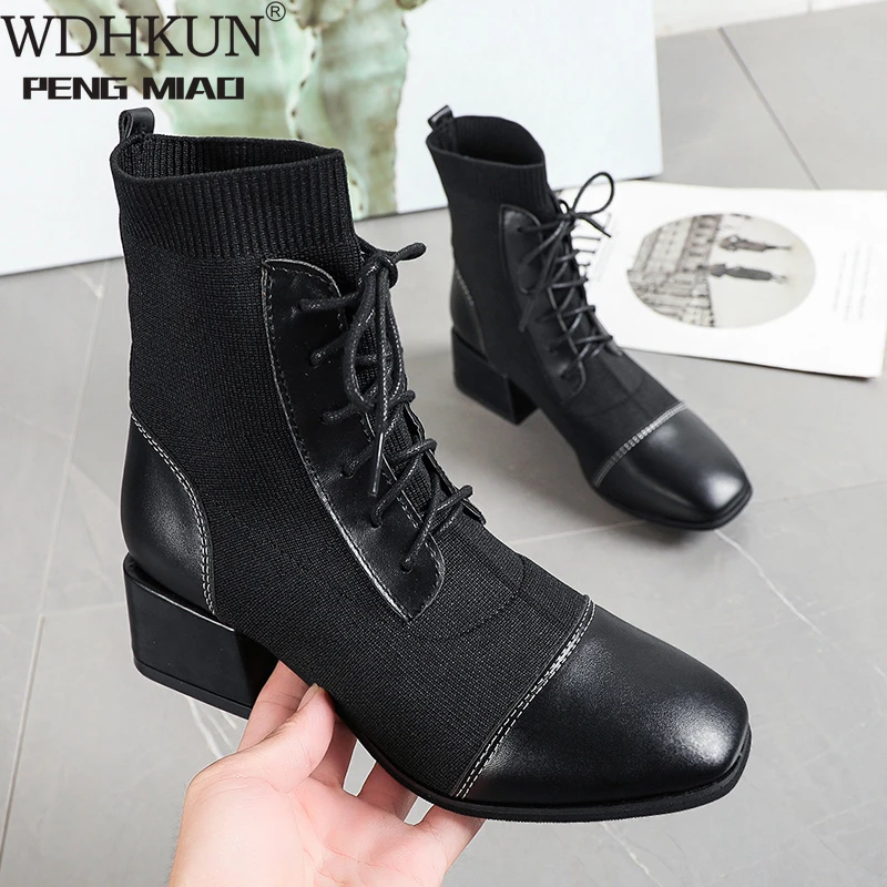 

2021 New Platform Motorcycle Boats Women Winter Warm Ankle Knitting Dress Shoes Snow Designer Mid Heels Fashion Sock Boots Mujer