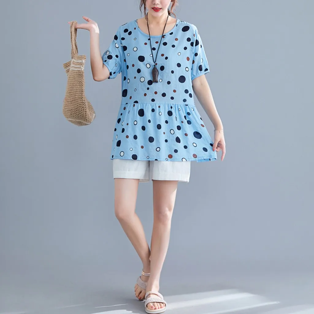 Women's Cute Polka Dot Printing O-Neck Short Sleeve Blouse Summer Shirt New Woman Slim Fit Tight Retro Tops | Мать и ребенок