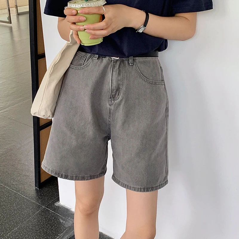 

SML Ash Grey Knee Length Denim Shorts Loose Women High Waist Biker Wide Leg Jeans Shorts Women Summer 2021 Streetwear (F9059