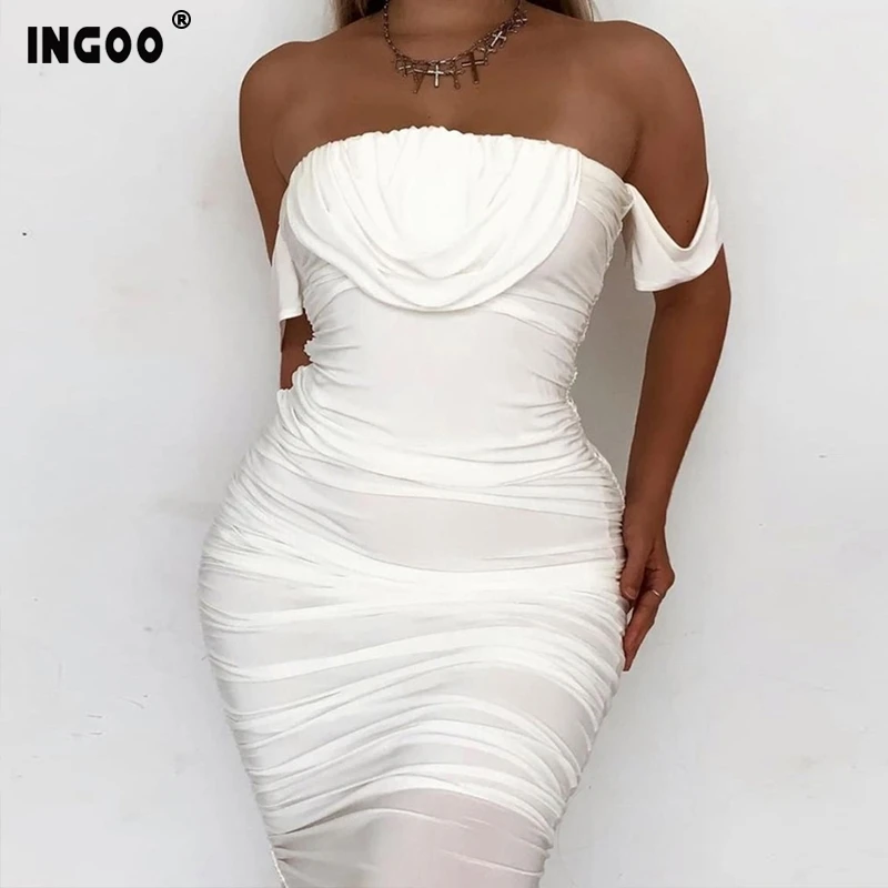 Летнее женское Сетчатое платье INGOO с открытыми плечами вечерние облегающие