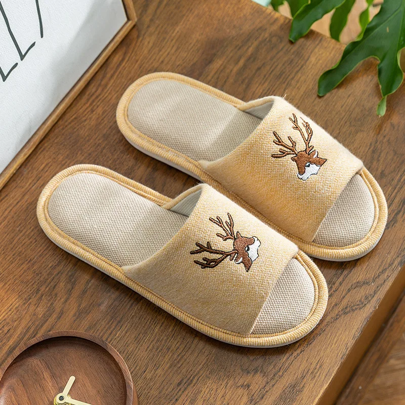 

House Women Hemp Slippers Cute Cartoon Deer Pattern Bedroom Cotton Flat Couples Shoes Spring Autumn Home Ladies Slippers