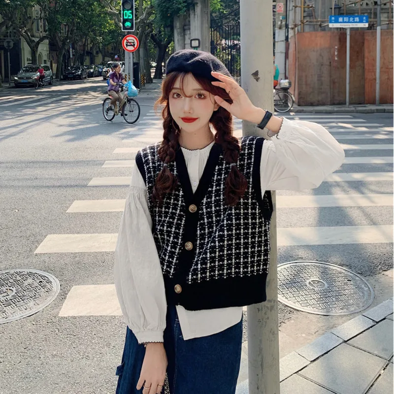 Свитер жилет Женский винтажный клетчатый мягкий Повседневный Модный женский