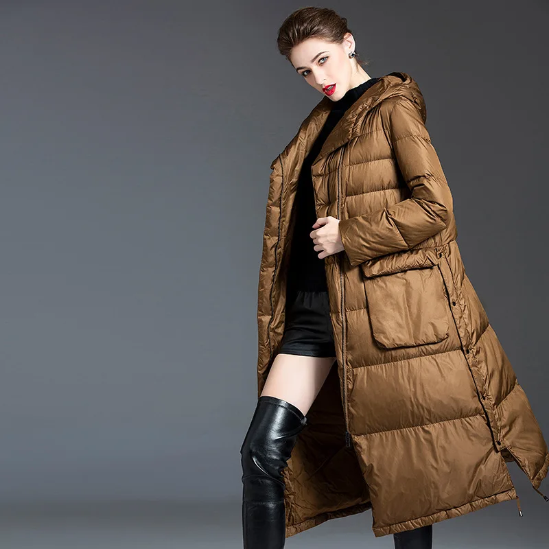 and 2021 New Winter Autumn Solid Warm Leisure Thick Loose Hooded Long Jacket Women Wide-waisted Zipper 90% White Duck Down