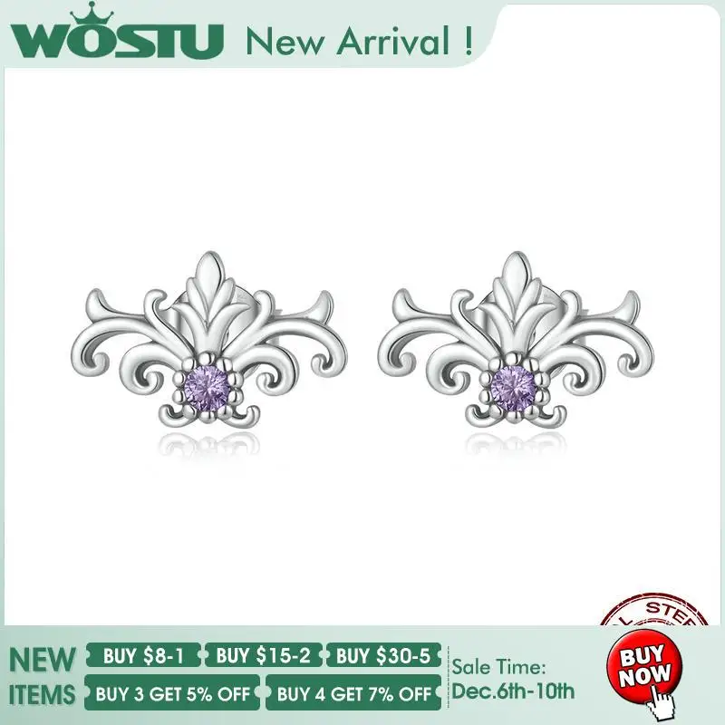

WOSTU 925 Sterling Silver Purple Zircon Vintage Flower Pattern Stud Hook Earrings For Women S925 ear tuds Jewelry Gift FNE578