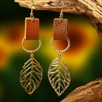 2021 cowhide leaf leather earrings for women metal leaf simple teardrop dangle earrings chic trendy female jewelry wholesale