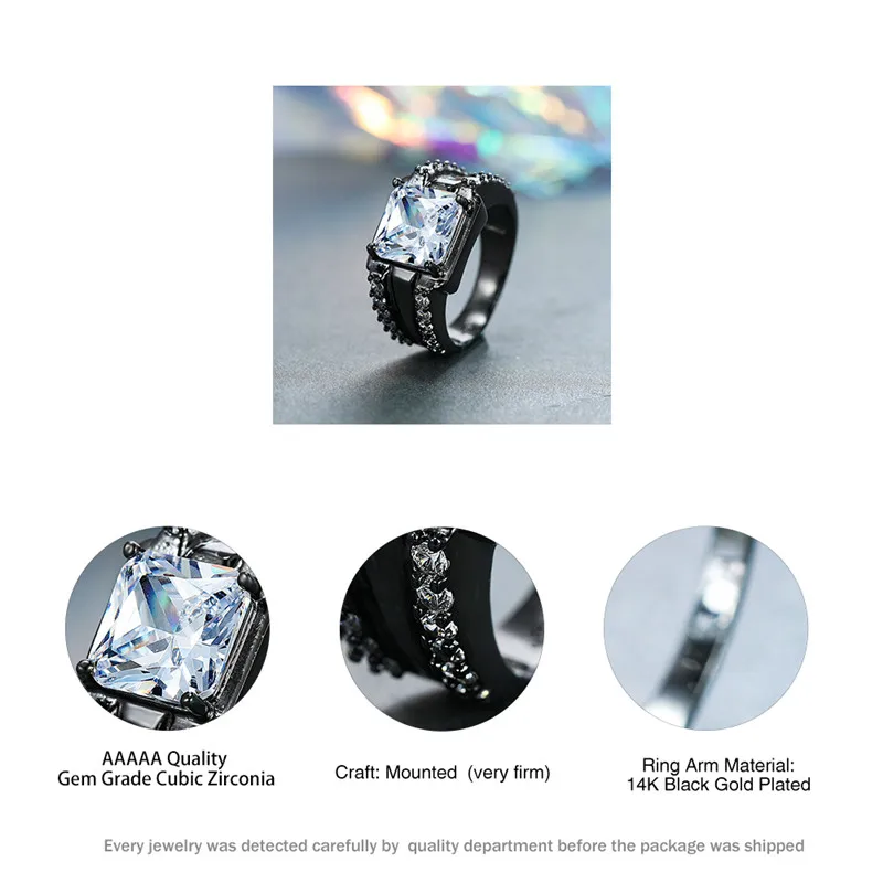 

Male Fashion Big Square White Zircon Engagement Rings For Women Men Retro Black Gold Filled CZ Stone Ring Female Wedding Jewelry