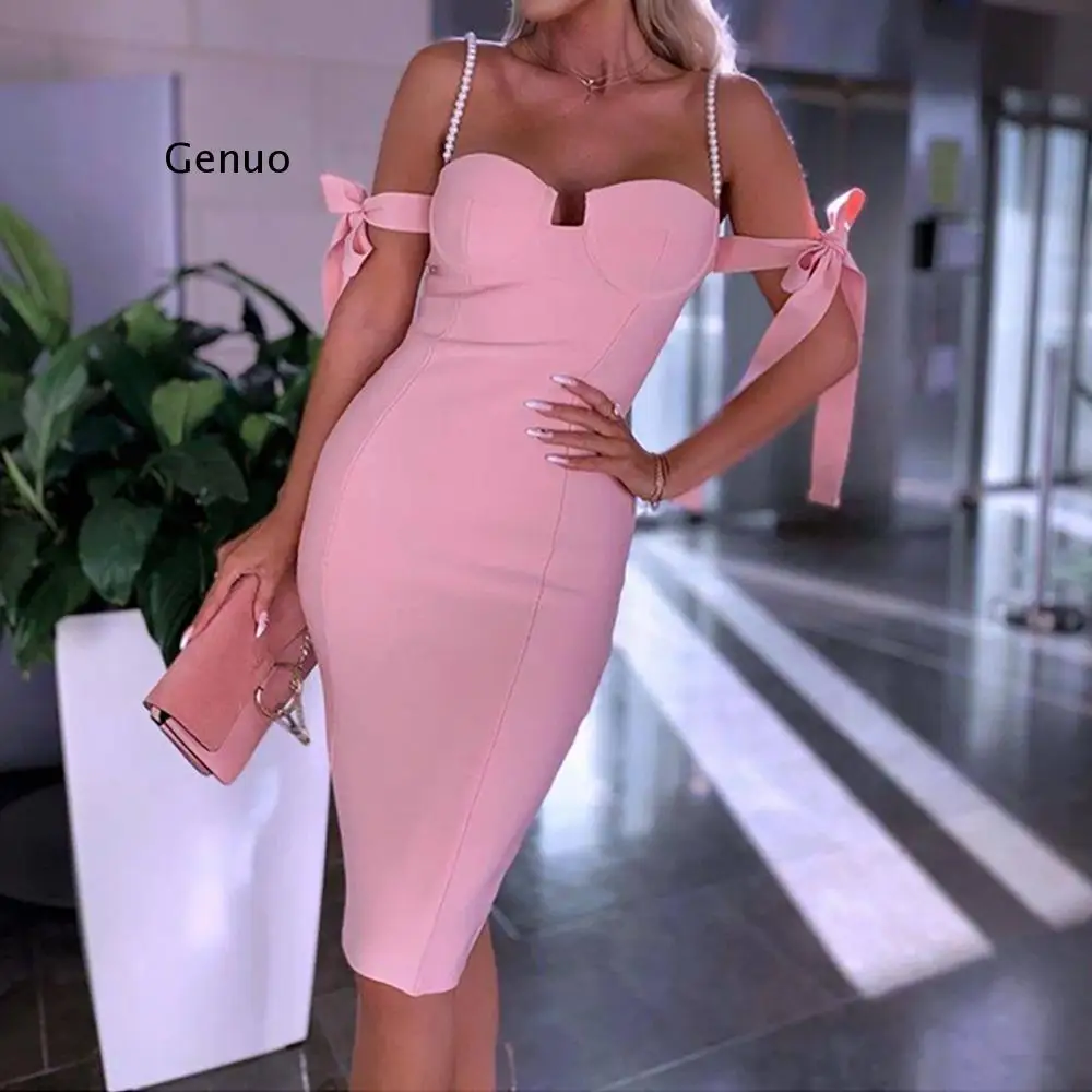 

Beaded Pink Off Shoulder Bandage Dress 2021 New Arrival Summer Sexy Bandage Dress Bodycon Birthday Club Party Dress