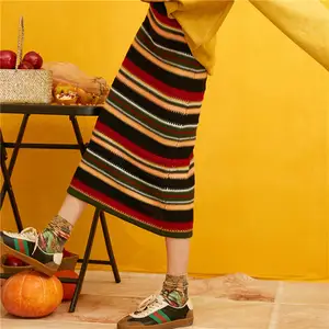 Женская трикотажная юбка миди в радужную полоску ELFSACK, осенняя винтажная обтягивающая юбка с высокой талией в Корейском стиле, 2020