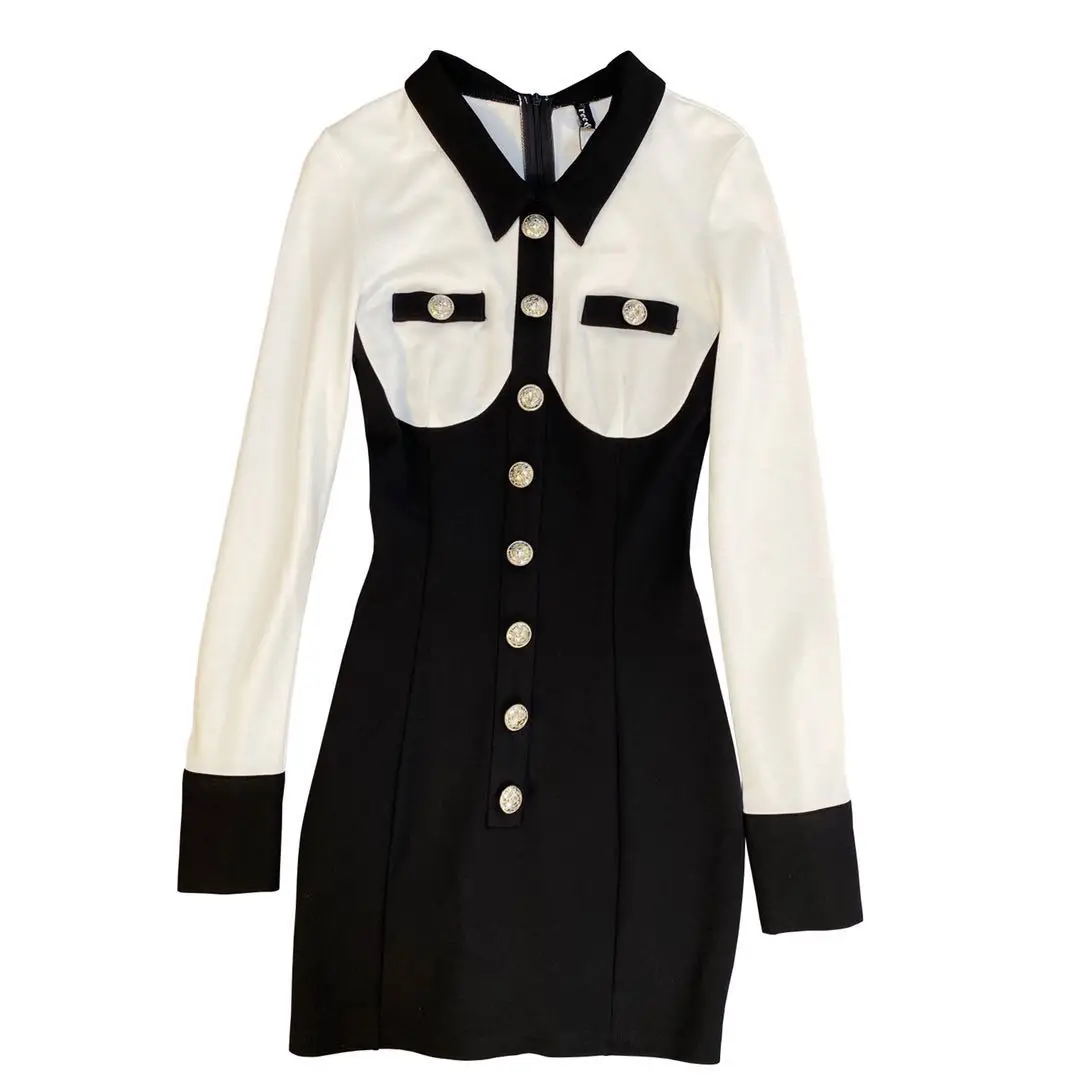 

2021 Spring and Autumn Long Sleeve Single Breasted Turn Down Collar High Waist Slim Short Mini Dress Women Patry Dress