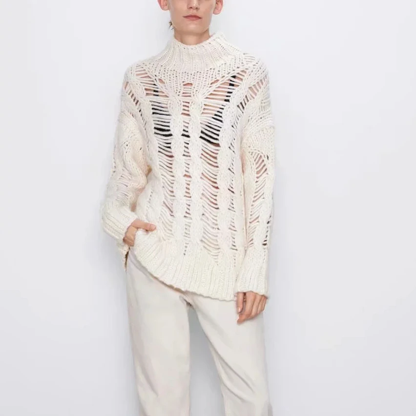 ZA зимний модный Свободный вязаный свитер с дырками восемь вязанных намоток