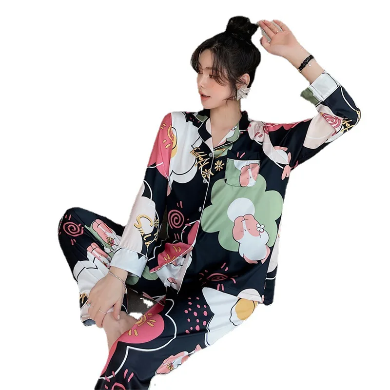 

Pajamas Spring and Autumn Women's Long-Sleeved Silk-like Large Size Cute Pijamas Women