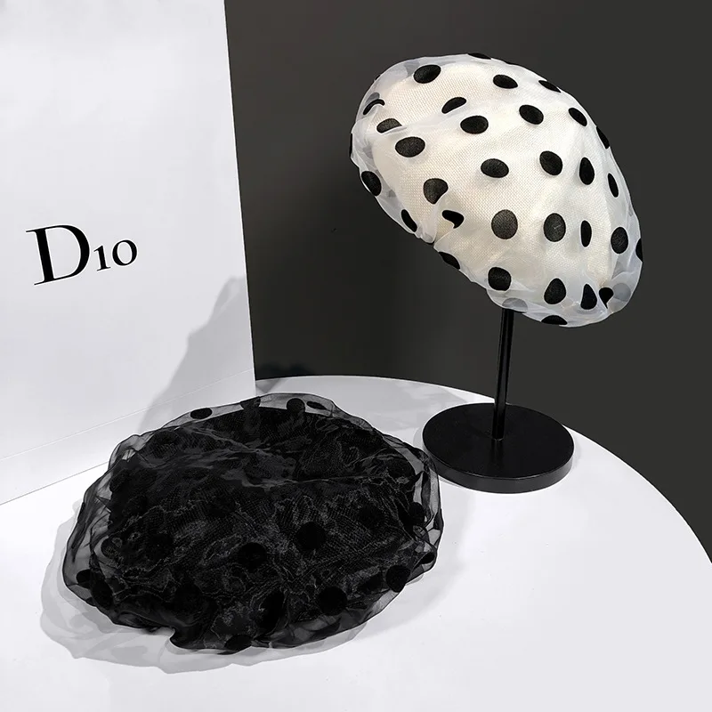 

Korean Sweet Polka Dot Beret Women Summer Elegant Net Yarn Painter Hat Korean Version Cute Wild Lady Beret Gorros