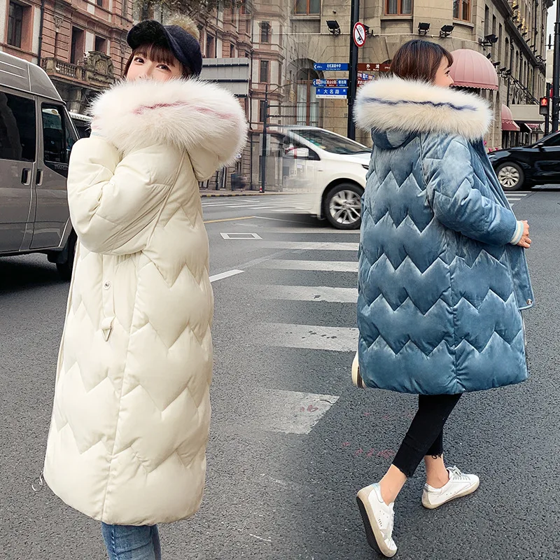 Женское зимнее пальто с воротником из искусственного лисьего меха бархатная