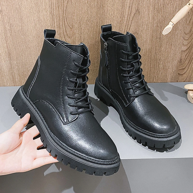 

2021 Autumn Leather Boots Women Fashion Waterproof High Quality Black Casual Shoes Woman Girl Street Style Ankle Boots For Women