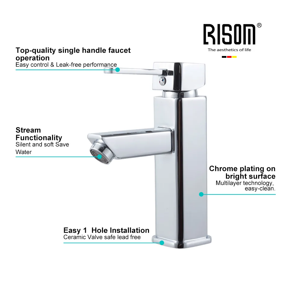 

RISOM Bathroom Sink Faucets Bright Chrome Faucet Hot Cold Tap Deck Mounted Water-Saving mixer Single handle Tapware Contemporary