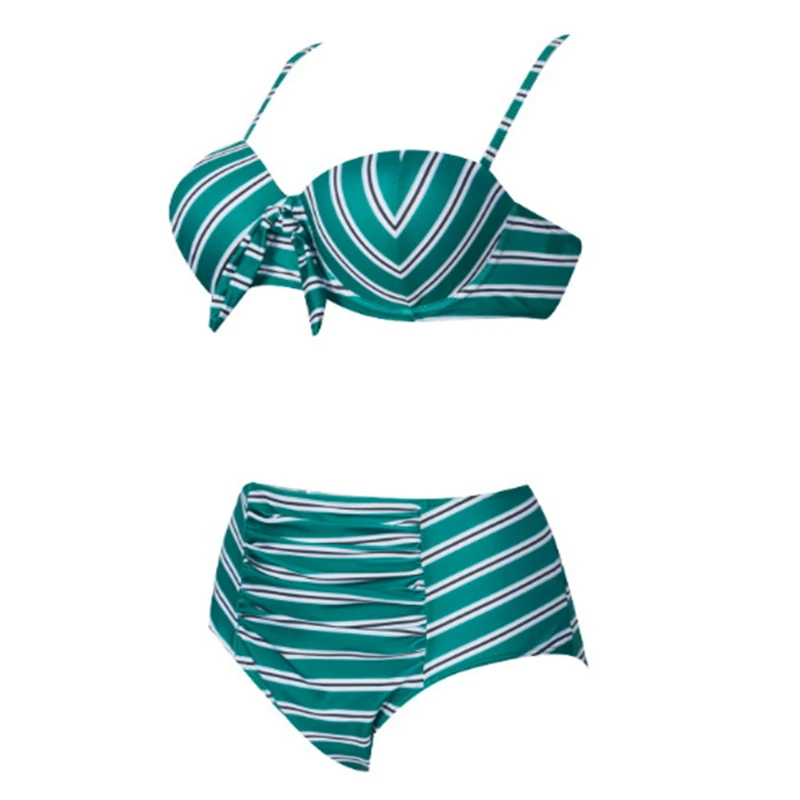 

Размера плюс Разделение купальники 2021 Новое сексуальное платье в полоску с бантом высокая талия, пуш-ап, бандаж, большой купальник-бикини дл...