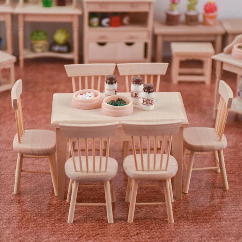 

1/12 Miniature Dollhouse Furniture Wooden Dining Table Chair Simulation Toy