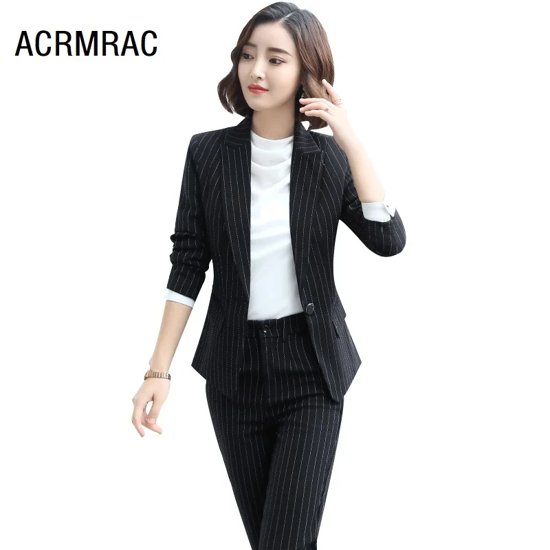 

Женские костюмы ACRMRAC, Осенний полосатый тонкий пиджак с длинным рукавом, Костюмные брюки, Деловые женские брючные костюмы, женские деловые к...