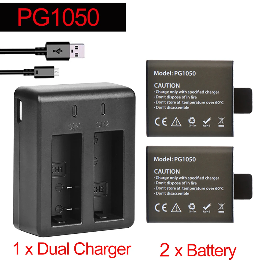 

2 шт. X 1050 мАч PG1050 аккумулятор + двойное зарядное устройство для EKEN H9 H9R H3R H8R H8PRO H8 для SJCAM SJ4000 SJ 4000 SJ5000 M10 батарея