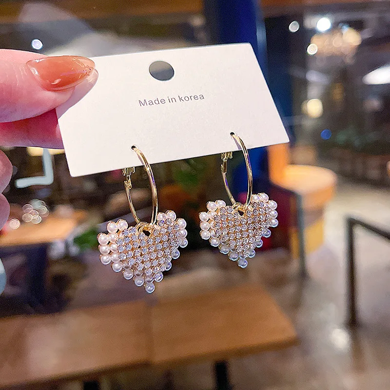 

S925 Silvers Needle New Double Layer Heart Shape Pendant Earrings Women Diamonds Inlaid Pearl Shiny Dangle Boho Jewellery