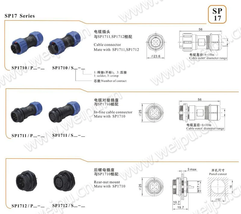 Оригинальные Weipu SP17 разъем 2 3 4 5 7 9 10 Pin док-пластиковый штекер+ гнездо Разъемы SP1710/P*& SP1712/S