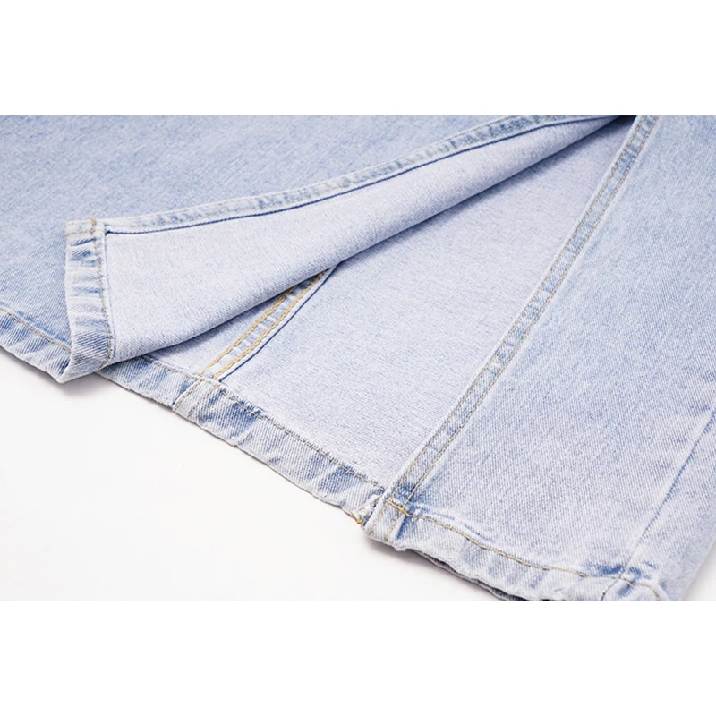 

[EAM] Blue Casual Asymmetrical Split Fork High Waist Half-body Denim Mid-Calf Skirt Women Fashion New Spring Summer 2021 1DD7899