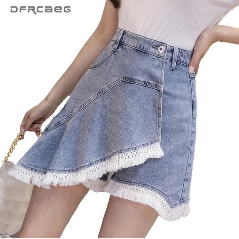 

High Waist Irregular Women Denim Short Skirts With Tassel 2020 Summer Streetwear Vintage Loose A-Line Jeans Skirts Shorts Femme