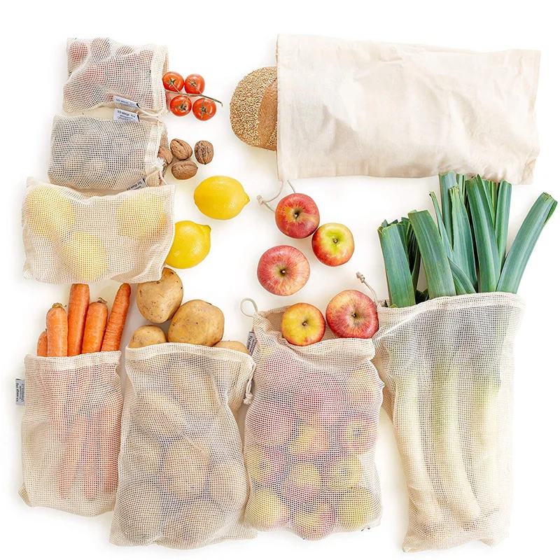 Reusable Mesh Produce Bags 100% Organic Cotton Vegetable Eco-friendly Bio-degradable Washable | Дом и сад