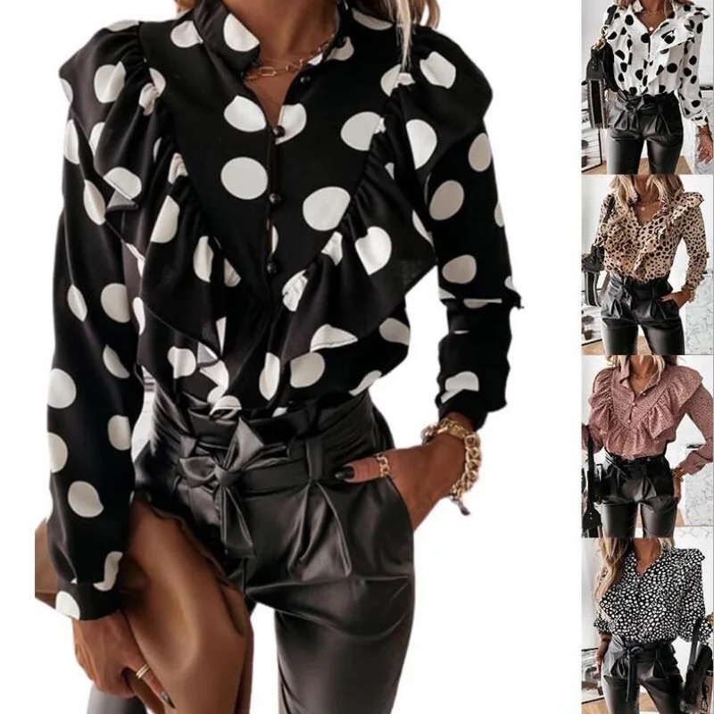 

Women Autumn Long Sleeve V-Neck Pullover Tops Polka Dot Ruffle Blouse Shirts Spring Office Lady Casual Button Plus Size