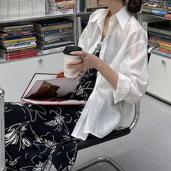 Women Summer White Shirt Back Split Strap Design Loose Long Sleeve Ladies Sunscreen Blouses Tops 1